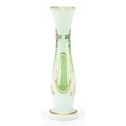 266 - Bohemian white overlaid green glass vase hand painted with roses, 20.5cm high