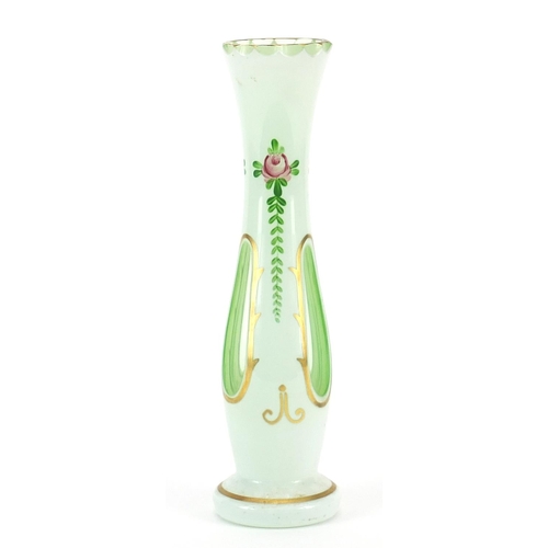 266 - Bohemian white overlaid green glass vase hand painted with roses, 20.5cm high