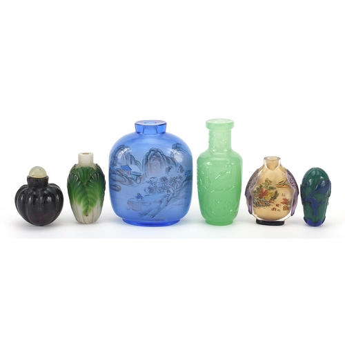 61 - Six Chinese glass snuff bottles including two Peking cameo examples and two internally decorated wit... 