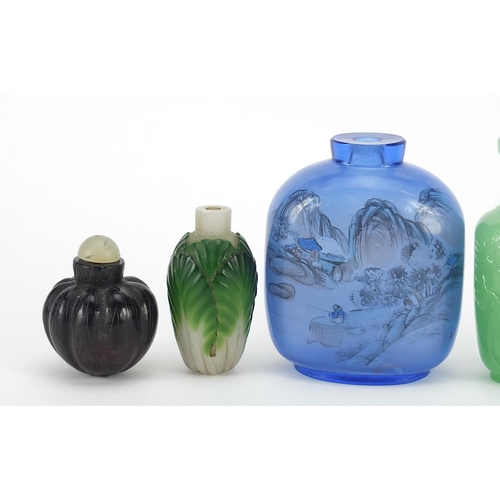 61 - Six Chinese glass snuff bottles including two Peking cameo examples and two internally decorated wit... 