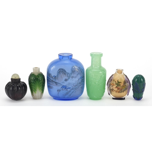 61 - Six Chinese glass snuff bottles including two Peking cameo examples and two internally decorated wit... 
