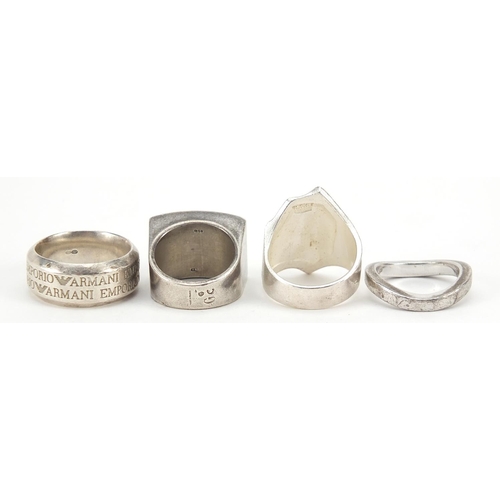 2803 - Four designer silver rings including Emporio Armani, various sizes, 53.8g