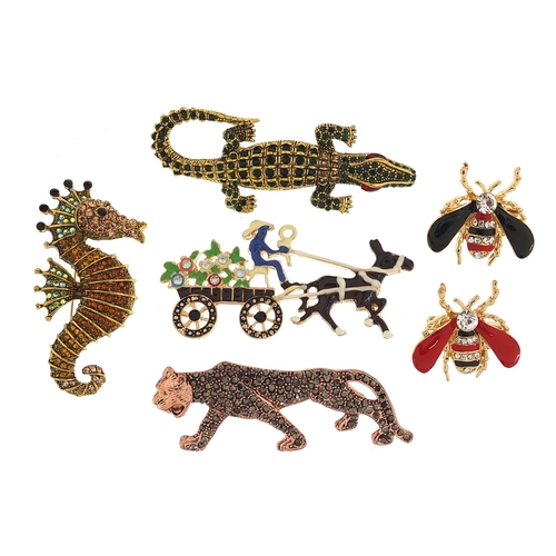 2786 - Five jewelled and enamel animal and insect brooches including seahorse, leopard, alligator and horse... 