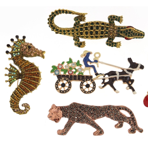 2786 - Five jewelled and enamel animal and insect brooches including seahorse, leopard, alligator and horse... 