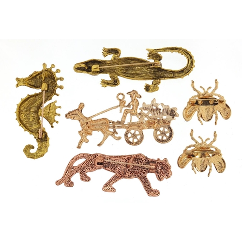 2786 - Five jewelled and enamel animal and insect brooches including seahorse, leopard, alligator and horse... 