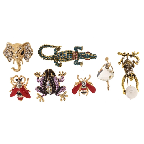 2772 - Seven jewelled and enamel animal and insect brooches including alligator, frog, monkey and elephant,... 