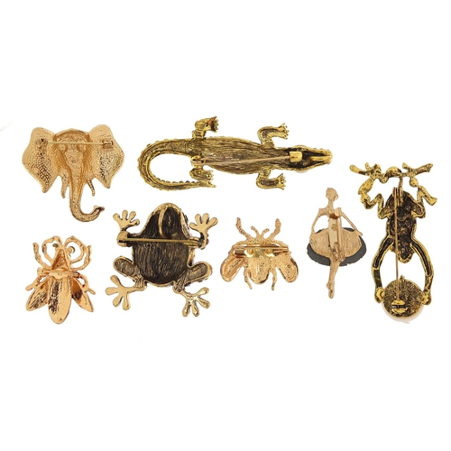 2772 - Seven jewelled and enamel animal and insect brooches including alligator, frog, monkey and elephant,... 