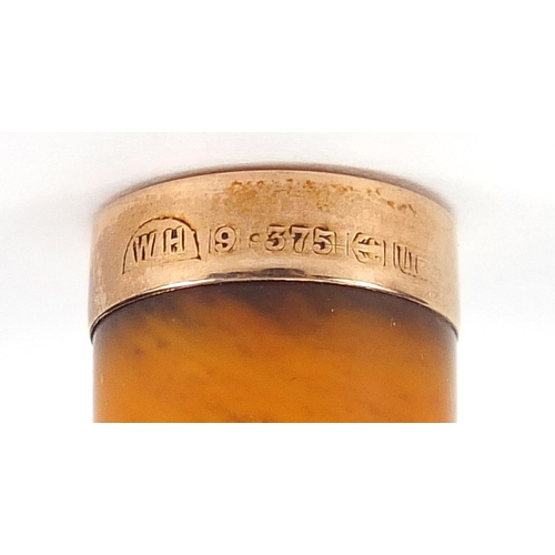 650 - 9ct gold mounted butterscotch amber cheroot holder with case, 5.2cm in length