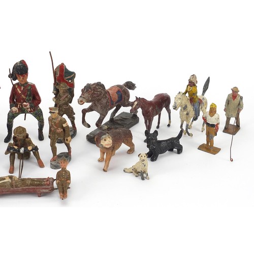 1940 - Vintage and later toy Indians, soldiers and farmyard animals including hand painted lead examples