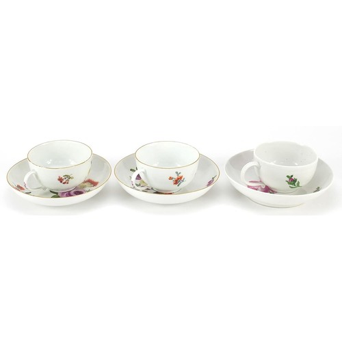 70 - Meissen, three German porcelain cups with saucers hand painted with flowers, two with William Woodfi... 