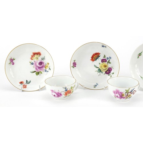 70 - Meissen, three German porcelain cups with saucers hand painted with flowers, two with William Woodfi... 