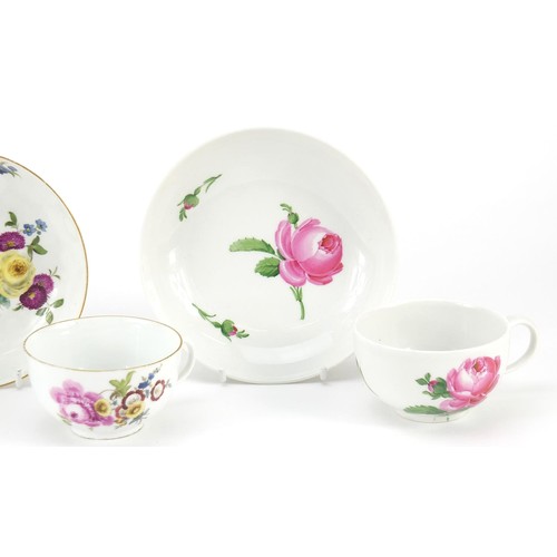 70 - Meissen, three German porcelain cups with saucers hand painted with flowers, two with William Woodfi... 