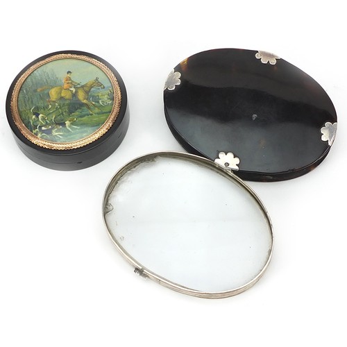 418 - 19th century silver mounted tortoiseshell magnifying glass and a tortoiseshell snuff box decorated w... 