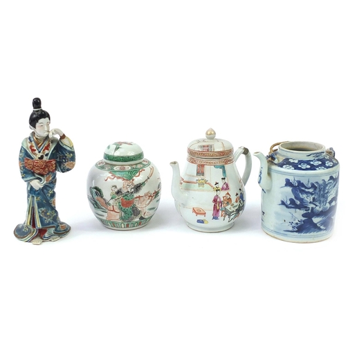 278 - Chinese and Japanese ceramics including a blue and white teapot, famille verte ginger jar and figuri... 