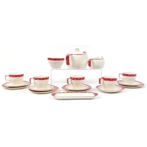 169 - Midwinter Stylecraft polka dot teaware including teapot and cups with saucers, the largest 22cm in l... 