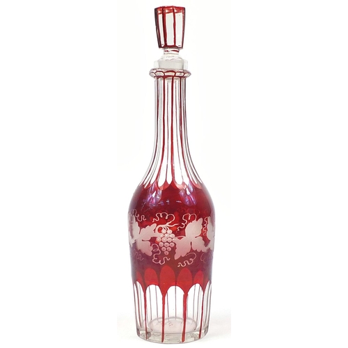 152 - Bohemian ruby overlaid glass decanter etched with leaves and berries, 33cm high