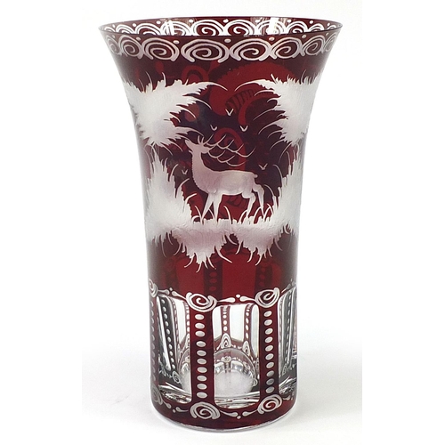 151 - Bohemian ruby overlaid glass vase engraved with a stag in a landscape, 20.5cm high