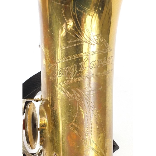 1985 - Berg Larsen brass saxophone with chromed mounts, 82.5cm high