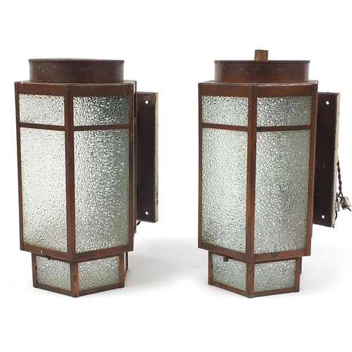 240 - Pair of copper and frosted glass lantern design wall lights, reputedly removed from a cinema, 40cm h... 