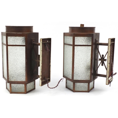 240 - Pair of copper and frosted glass lantern design wall lights, reputedly removed from a cinema, 40cm h... 