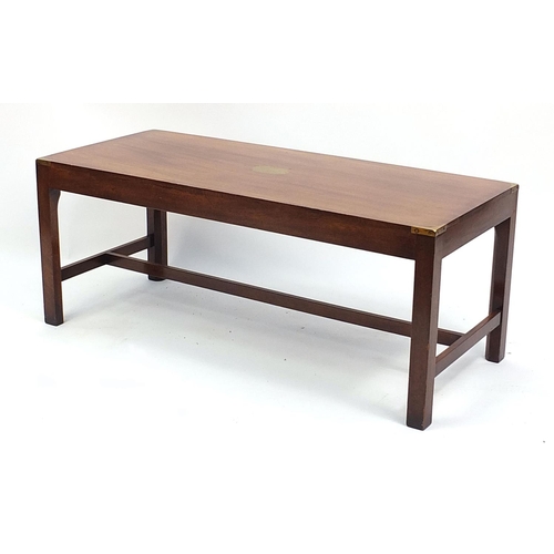 692 - Campaign style mahogany coffee table with brass mounts, 43cm H x 46cm W x 107cm D