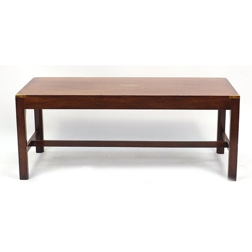 692 - Campaign style mahogany coffee table with brass mounts, 43cm H x 46cm W x 107cm D