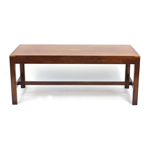 692 - Campaign style mahogany coffee table with brass mounts, 43cm H x 46cm W x 107cm D