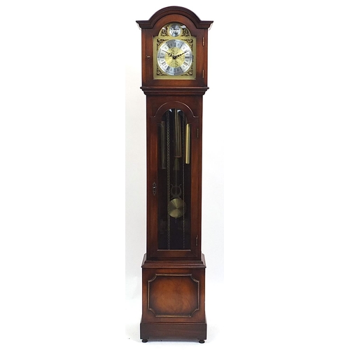 764 - Tempus Fugit mahogany long case clock with visible weights and pendulum, 160cm high