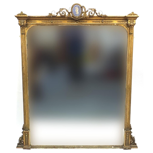 685 - Large ornate giltwood overmantle mirror with Wedgwood Jasperware design plaque, 167cm x 133cm