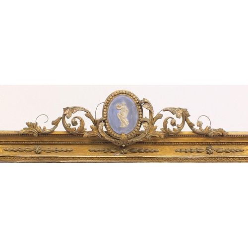 685 - Large ornate giltwood overmantle mirror with Wedgwood Jasperware design plaque, 167cm x 133cm