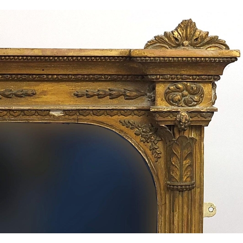 685 - Large ornate giltwood overmantle mirror with Wedgwood Jasperware design plaque, 167cm x 133cm