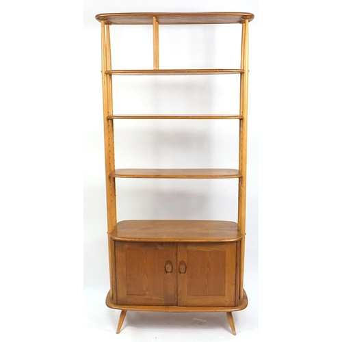 676 - Ercol Windsor light elm room divider with two adjustable shelves and cupboard base, 191cm H x 84cm W... 