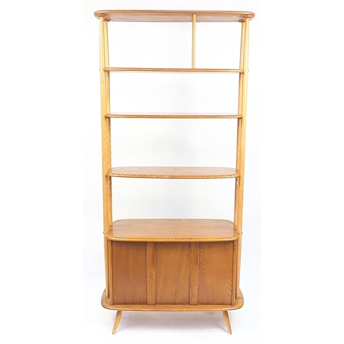 676 - Ercol Windsor light elm room divider with two adjustable shelves and cupboard base, 191cm H x 84cm W... 