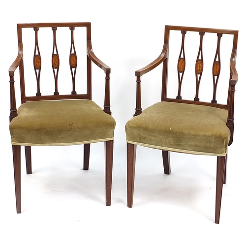 681 - Pair of Edwardian inlaid mahogany open armchairs raised on square tapering legs, 86.5cm high