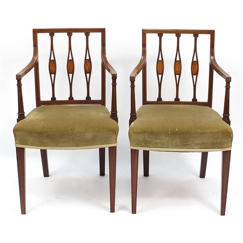 681 - Pair of Edwardian inlaid mahogany open armchairs raised on square tapering legs, 86.5cm high