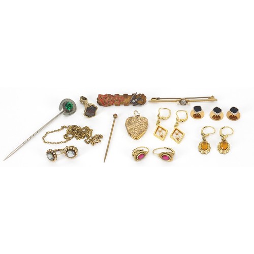 2792 - Antique and later gold coloured metal jewellery including a love heart locket, intaglio seal fob and... 