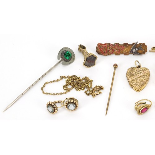 2792 - Antique and later gold coloured metal jewellery including a love heart locket, intaglio seal fob and... 