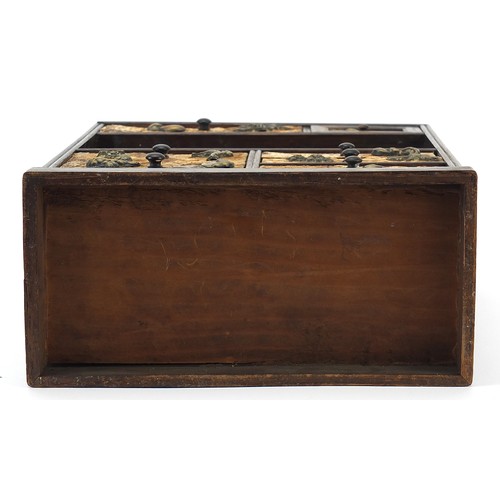 297 - Japanese hardwood table cabinet with applied brass menuki sword mounts, 28cm H x 23cm W x 11cm D