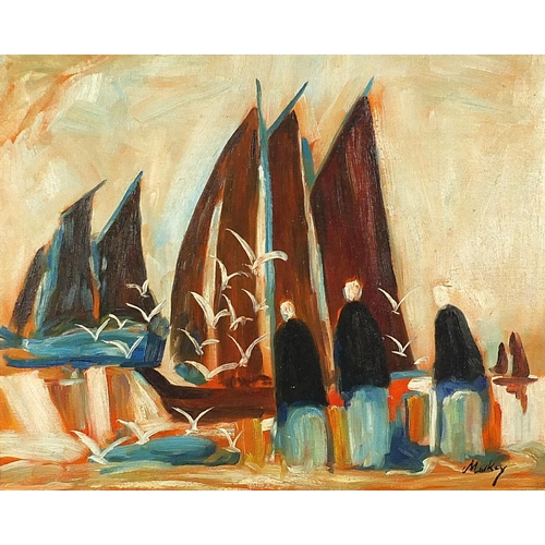 158 - Figures before sailing boats, Irish school oil on board, mounted and framed, 50cm x 39.5cm excluding... 