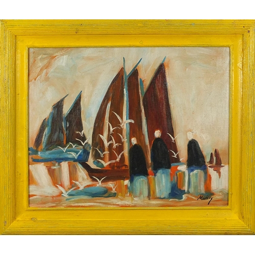 158 - Figures before sailing boats, Irish school oil on board, mounted and framed, 50cm x 39.5cm excluding... 