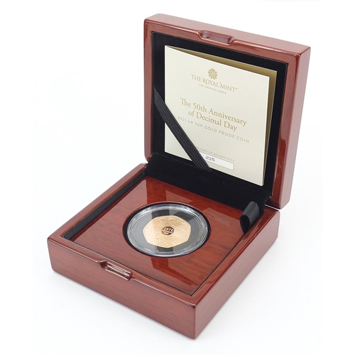 2257 - Elizabeth II 2021 gold proof fifty pence commemorating the 50th Anniversary of Decimal Day with box ... 