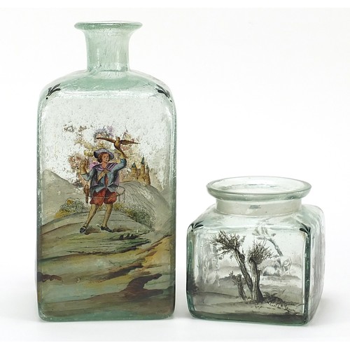 1888 - Two glass jars hand painted with figures, the largest 20.5cm high