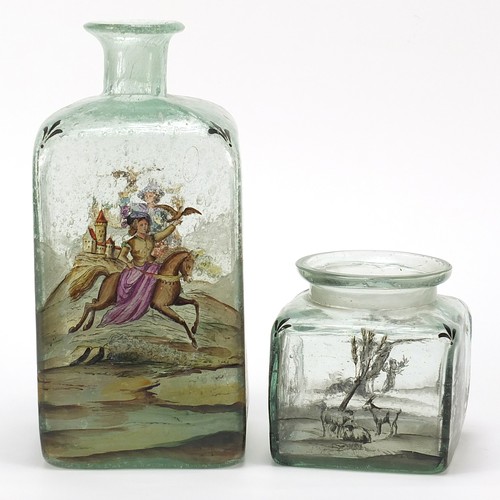 1888 - Two glass jars hand painted with figures, the largest 20.5cm high