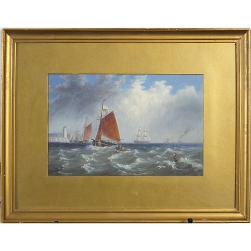 203 - Figures in boats beside a lighthouse, maritime oil, mounted, framed and glazed, 28.5cm x 18.5cm excl... 