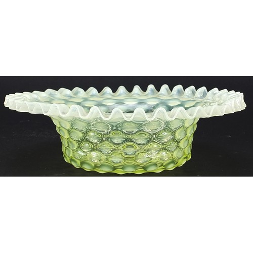 107 - Art Nouveau Vaseline glass bowl with frilled rim, 22cm in diameter