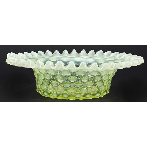 107 - Art Nouveau Vaseline glass bowl with frilled rim, 22cm in diameter