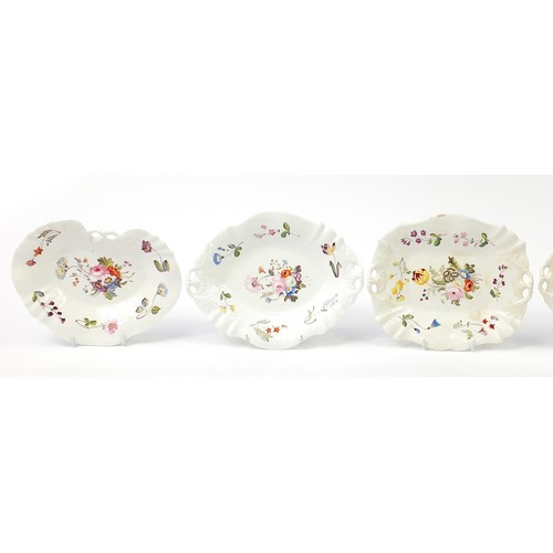 160 - Five early 19th century porcelain dishes hand painted with flowers, the largest 27cm wide
