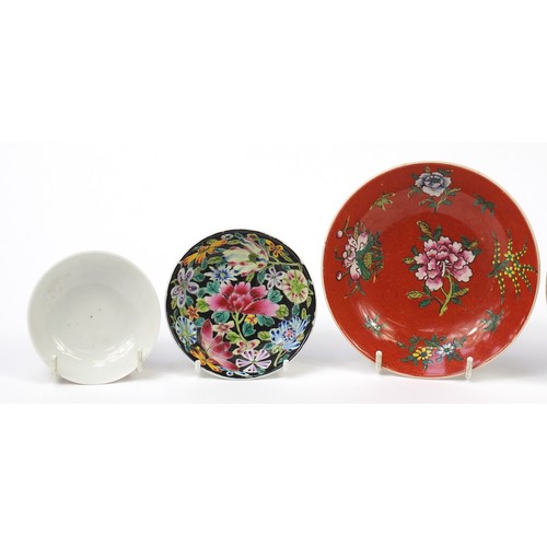 104 - Chinese porcelain including a saucer hand painted in the famille rose palette with warriors onto a y... 