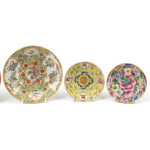 104 - Chinese porcelain including a saucer hand painted in the famille rose palette with warriors onto a y... 