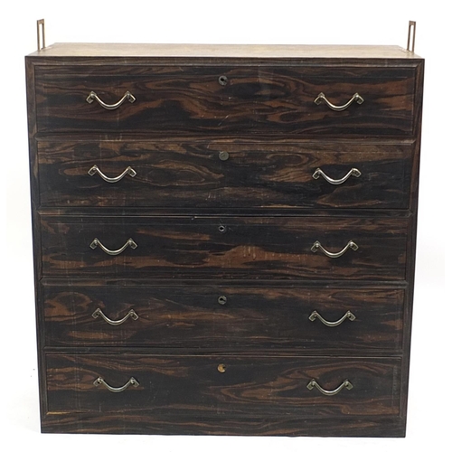 676A - 19th century Japanese iron bound tansu chest with five drawers, 93.5cm H x 91cm W x 41.5cm D